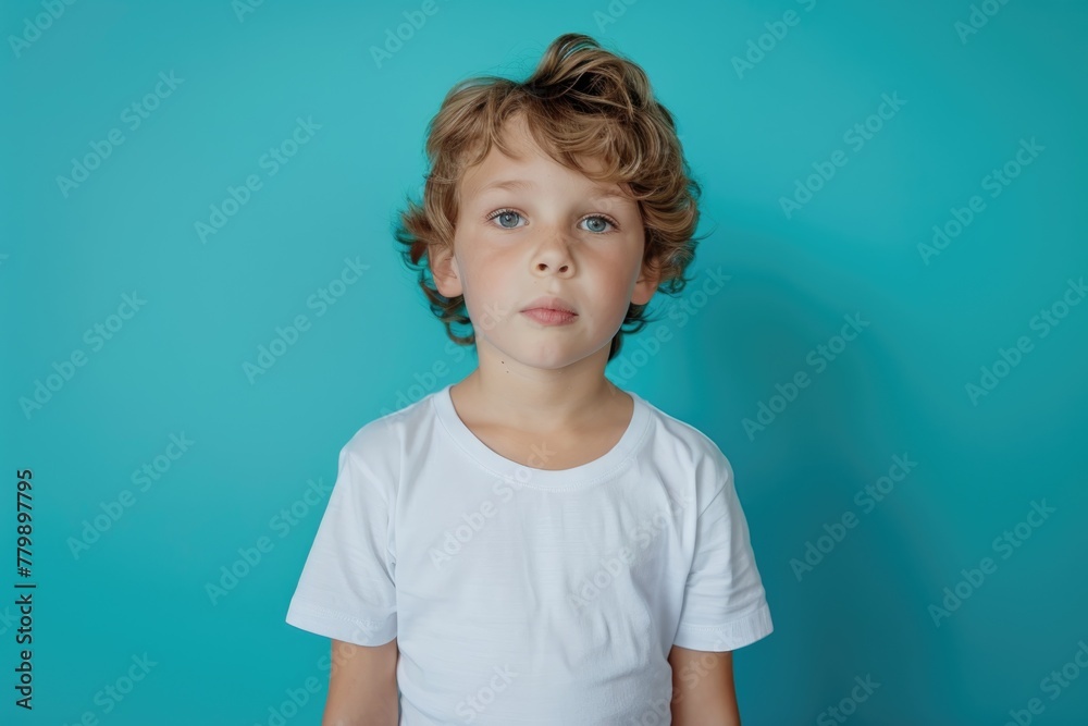 Portrait of a young boy in a white t-shirt against a turquoise background