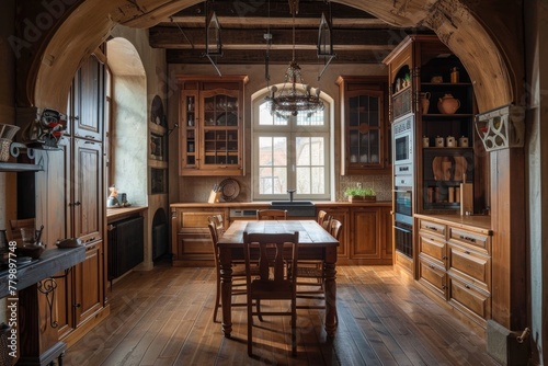 Traditional wooden kitchen interior design with rustic table and cabinet © NikoG