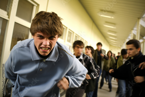 Angry Teenager Running Through Crowded School Hallway in Rage © Adin