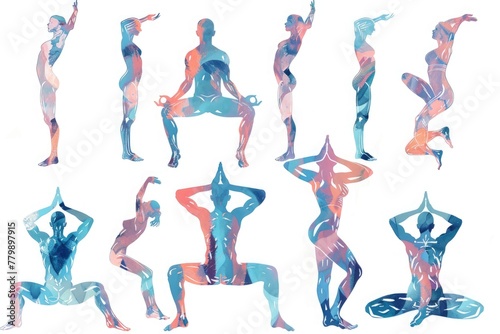 An illustration of the human body in various yoga poses, highlighting flexibility and balance. photo