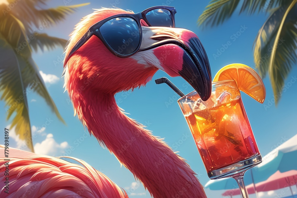 Fototapeta premium A flamingo wearing sunglasses and sipping on an orange cocktail