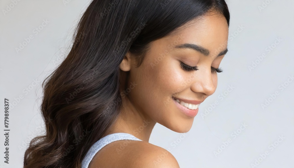 Back view of attractive woman, looking down and smiling, skincare concept. Profile of beautiful female with smooth face skin and natural make-up, straight dark healthy hair Back view of attractive woman, looking down and smiling, skincare concept. Profile of beautiful female with smooth face skin and natural make-up, straight dark healthy hair