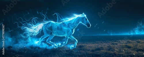 A neon-blue horse galloping in a field, its mane and tail trailing light like a comet in the night sky