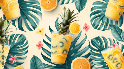 Illustration with tropical drink garnished with pineapple and orange. Piña colada cocktail is served in a large glass with kiwi slices and a mixture of pineapple, coconut cream and rum. Ai generated © lensofcolors