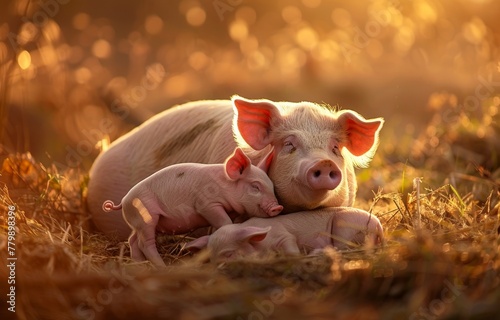 A neon-pink piglet nursing from its mother, the duo casting a warm glow in the early morning light photo