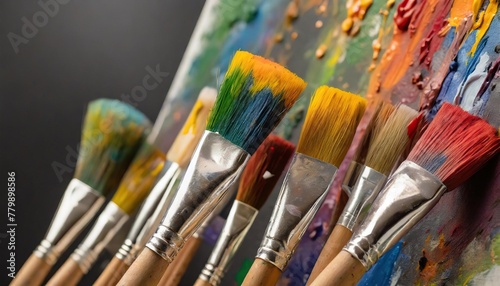  Colorful paint brush splashes on canvas. Row of artist paintbrushes closeup on artistic canvas