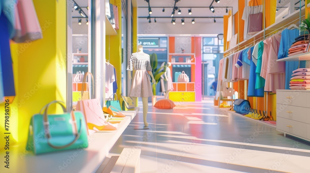 Colorful Boutique Interior with Trendy Clothing and Accessories