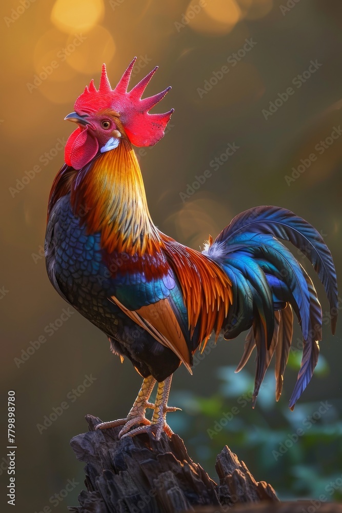 A rooster with neon tail feathers crowing at dawn, its vibrant colors heralding the morning in a dazzling display