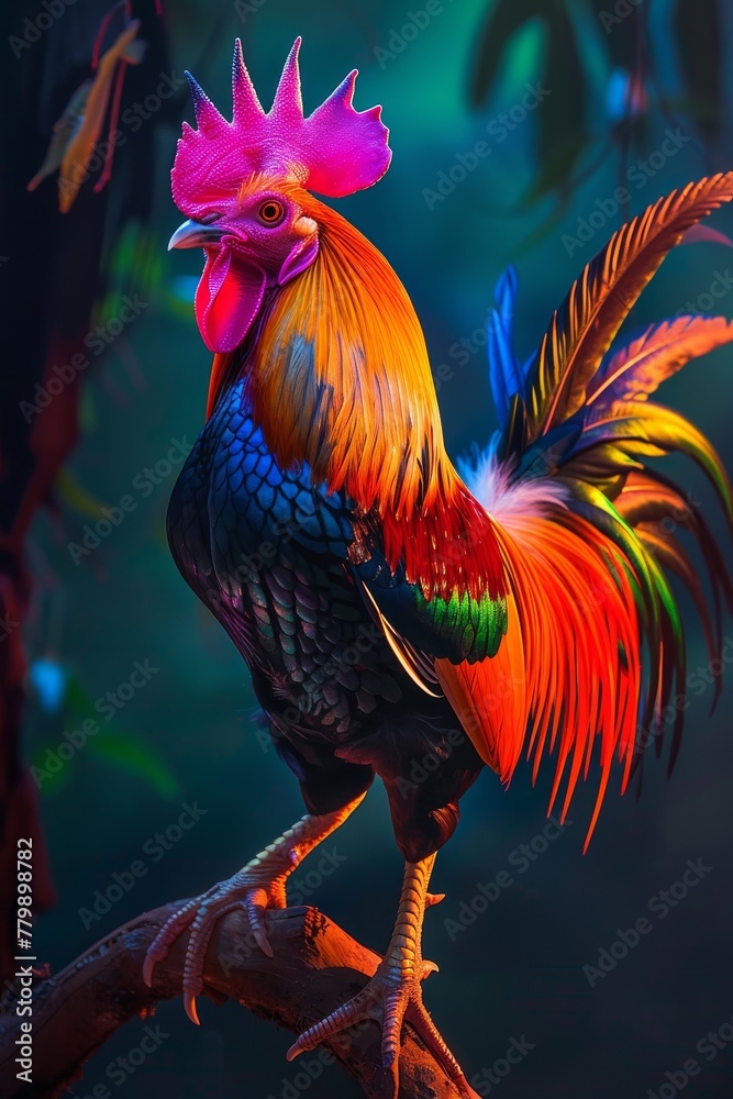 A rooster with neon tail feathers crowing at dawn, its vibrant colors heralding the morning in a dazzling display