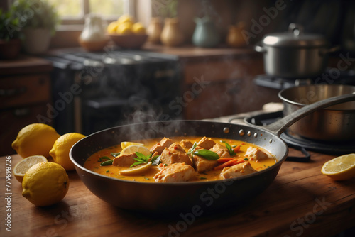 Köstliches Hähnchencurry mit Kokosmilch und frischen Zitronen in rustikaler Küchenatmosphäre photo
