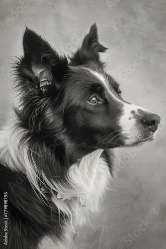 A poised Border Collie, its intelligent eyes attentive, on a soft heather grey canvas