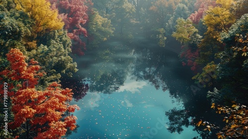 Enchanting Autumn Forest Scene with Serene Lake Reflection © Viktorikus