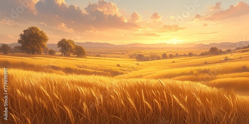 A golden wheat field under the setting sun  with distant hills in the background. 