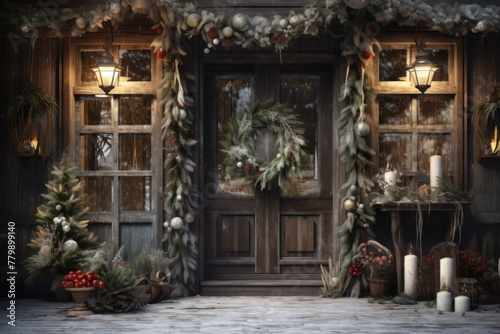 Vintage Rustic christmas entrance background. Home decor. Generate Ai