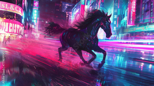 Black Dragon Horse in neon technicolor, racing through a neon-lit city at night, its mane and tail leaving streaks of light