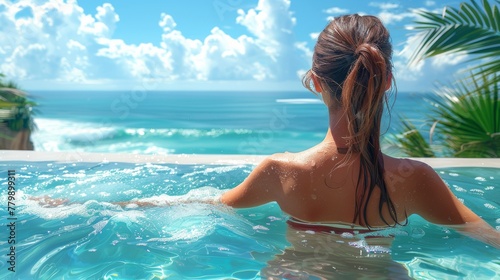 A girl in summer on vacation swims in the pool at her villa and gazes out to sea