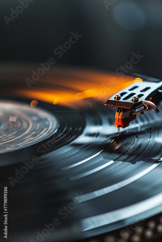 Close-up on a needle dropping onto vinyl record, dynamic angle, rich colors