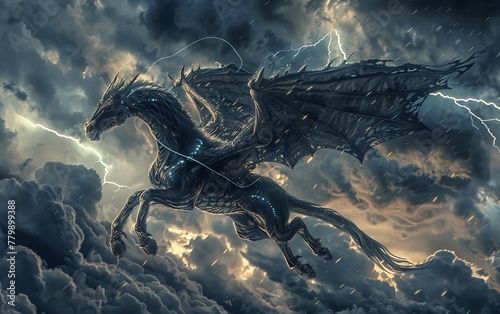 Dark Dragon Horse soaring through a stormy sky  lightning illuminating its majestic wings and scales  embodying power and freedom