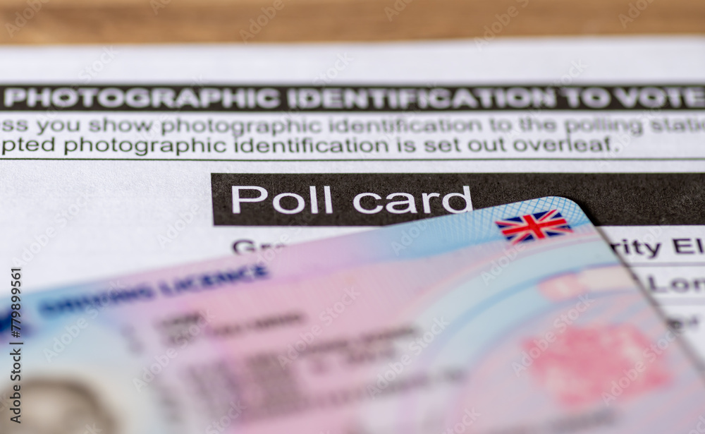 An official poll card for government elections and a UK photo driving licence as prove of identity. An official poll card for government elections and a UK photo driving licence as prove of identity.