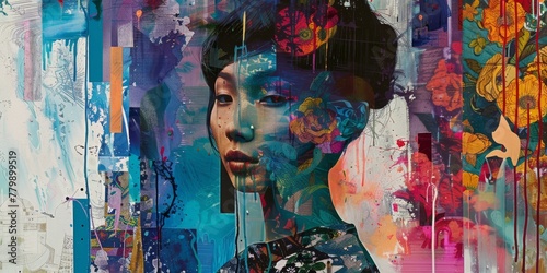 Half-revealed gaze against a vibrant collage backdrop, hinting at hidden depths and stories photo