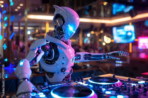 Robot DJ in 3D, spinning digital turntables at a club, its LED lights syncing with the music beats