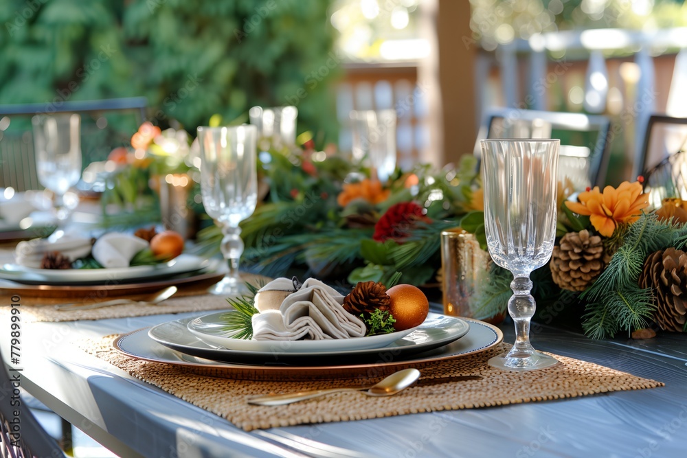 Luxurious outdoor table setting, exquisitely arranged with fine tableware, elegant decor, surrounded by lush greenery or overlooking a scenic landscape.
