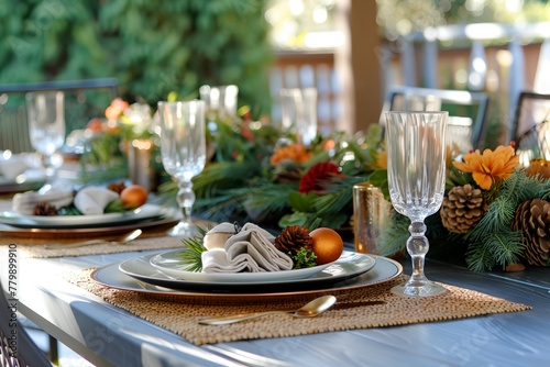 Luxurious outdoor table setting, exquisitely arranged with fine tableware, elegant decor, surrounded by lush greenery or overlooking a scenic landscape.