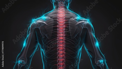 A human back with glowing red pain points on the spine, radiating from behind and down to both shoulders. 