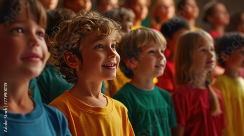 Title: "Enthusiastic Children Watching Performance in Brightly Colored T-Shirts