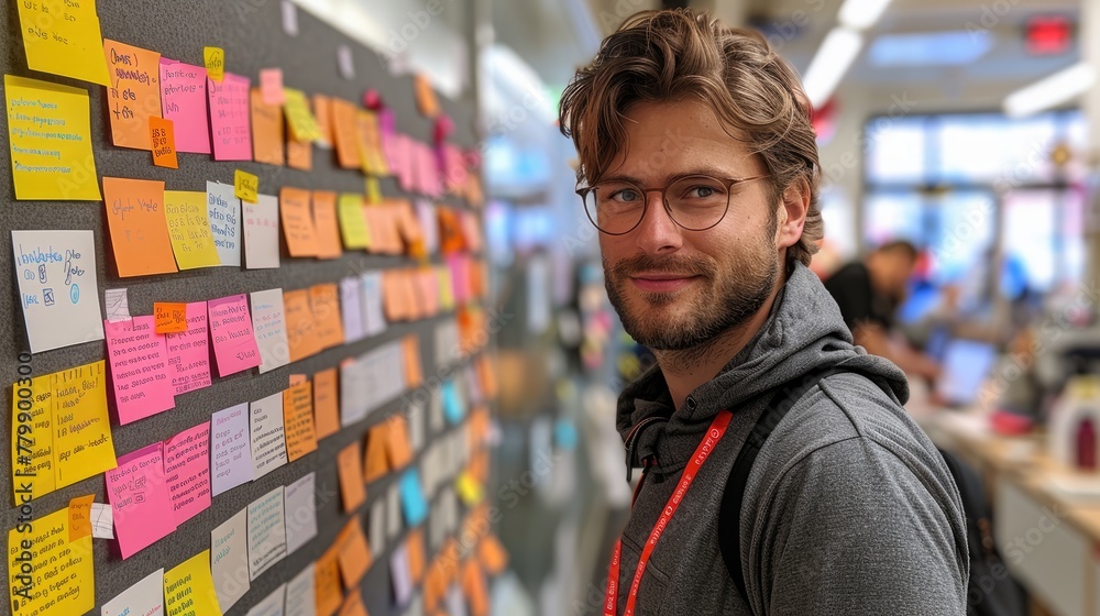 A smiling man with glasses stands in front of a colorful wall of sticky notes in a bright office setting. Generative AI A smiling man with glasses stands in front of a colorful wall of sticky notes in a bright office setting. Generative AI