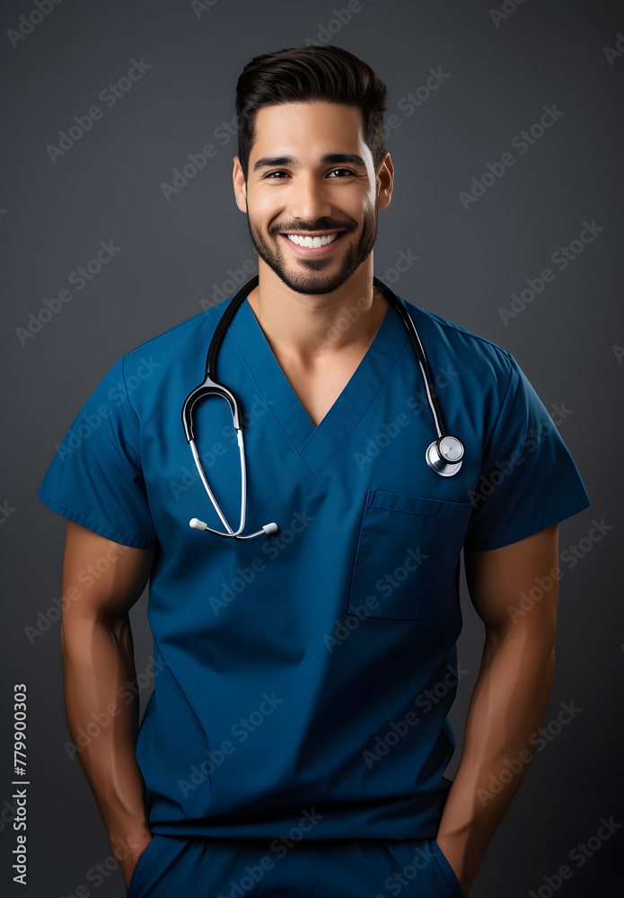 Portrait of handsome young man doctor in blue scrubs, wearing a stethoscope around his neck, smiling at the camera isolated on dark background Portrait of handsome young man doctor in blue scrubs, wearing a stethoscope around his neck, smiling at the camera isolated on dark background