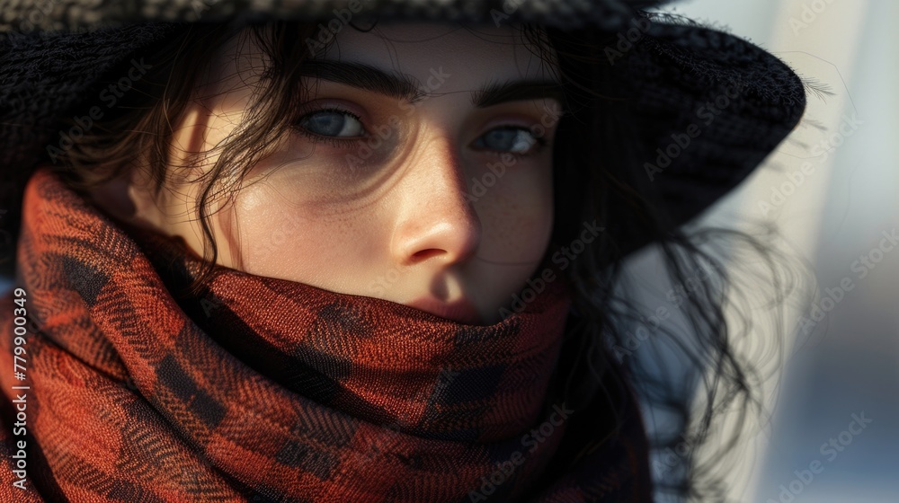 Winter Portrait of a Woman with Blue Eyes and Red Scarf Winter Portrait of a Woman with Blue Eyes and Red Scarf