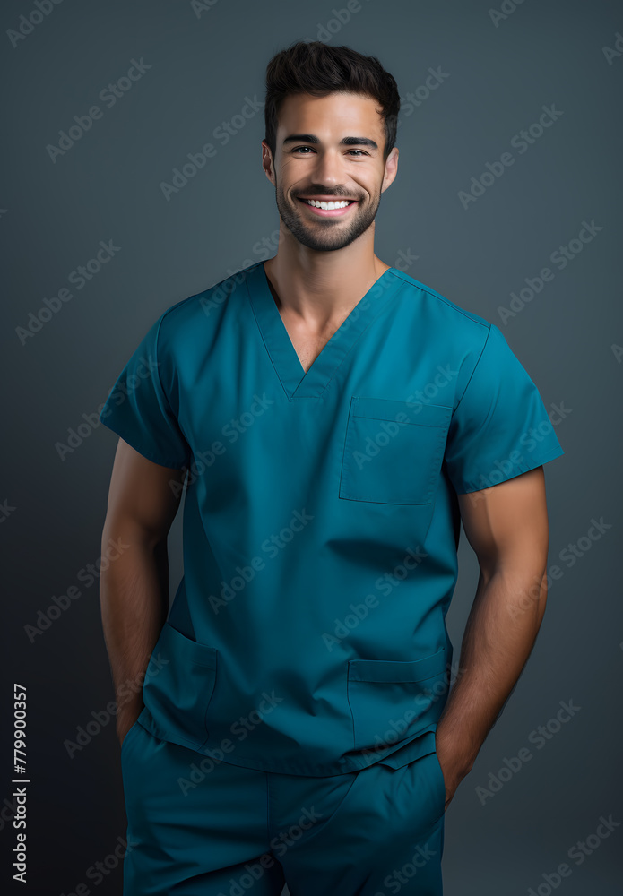 Portrait of handsome young man doctor in blue scrubs, wearing a stethoscope around his neck, smiling at the camera isolated on dark background Portrait of handsome young man doctor in blue scrubs, wearing a stethoscope around his neck, smiling at the camera isolated on dark background