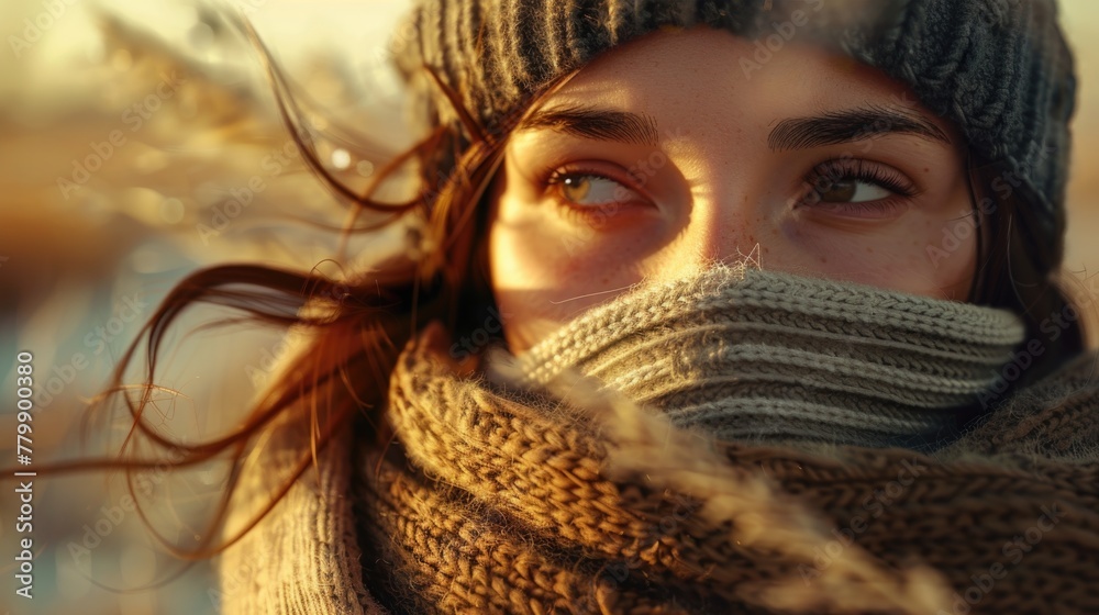 Winter Glow: Close-up Portrait of a Woman with Warm Scarf and Beanie