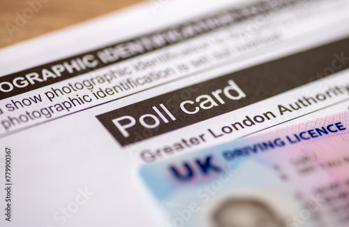 London. UK- 03.29.2024. An official poll card for the Greater London Authorities elections and a UK photo driving licence as prove of identity.