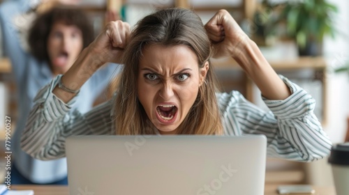 A woman with her hair pulled back and a laptop in front of her, AI