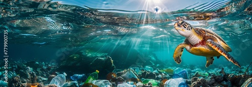 underwater photography, tropical sea. Below under water there is garbage, plastic bottles and a turtle. pollution of world ocean, environmental disaster concept