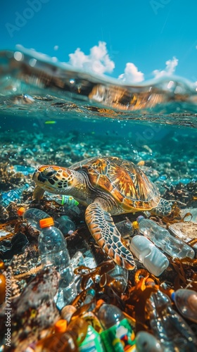 underwater photography, tropical sea. Below under water there is garbage, plastic bottles and a turtle. pollution of world ocean, environmental disaster concept