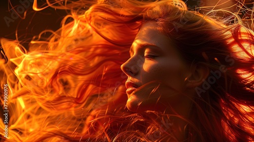 Fiery portrait of a woman embodying power and passion, her hair ablaze