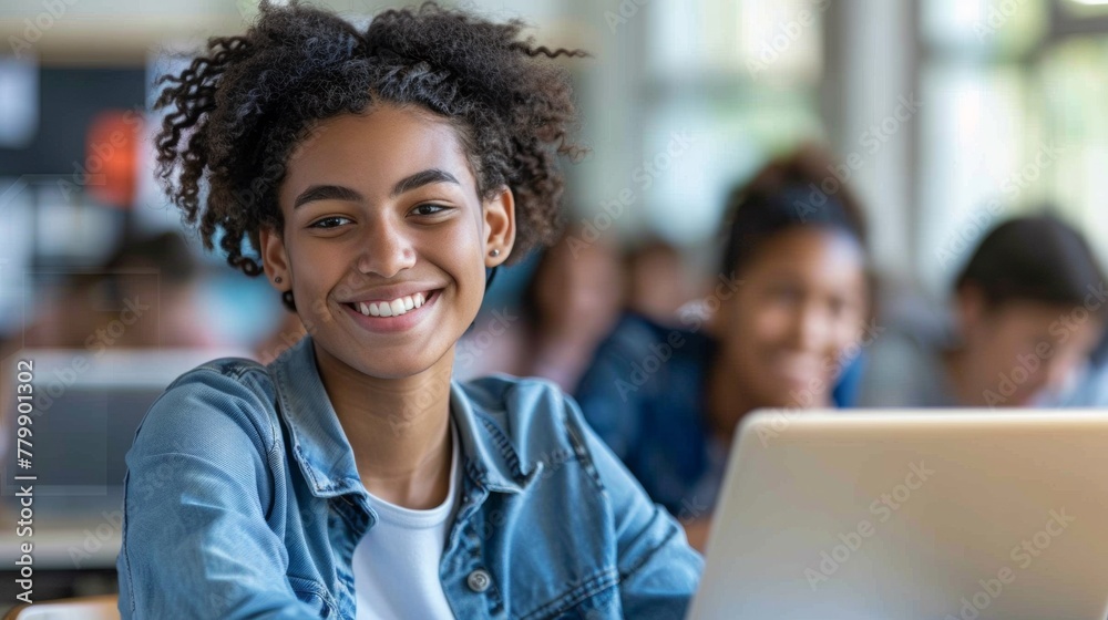 A smiling girl with curly hair sitting at a laptop, AI A smiling girl with curly hair sitting at a laptop, AI