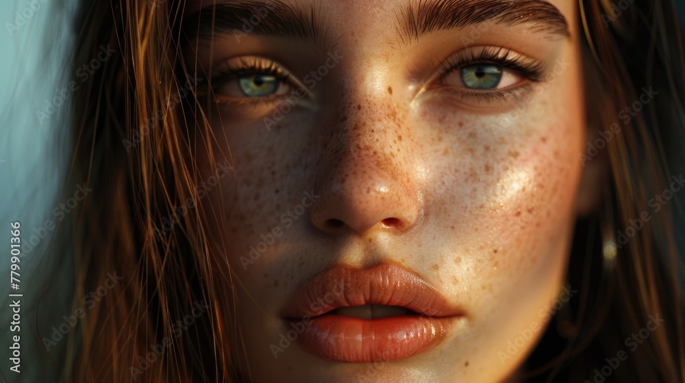 Stunning Close-Up Portrait of Woman with Freckles and Green Eyes Stunning Close-Up Portrait of Woman with Freckles and Green Eyes