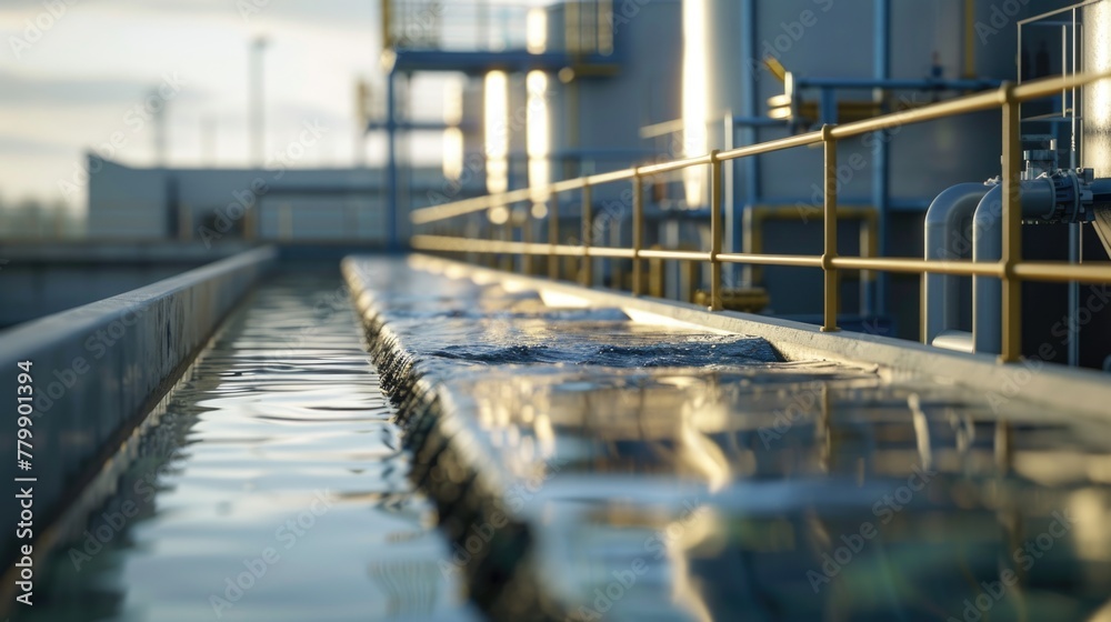 Industrial Water Treatment Plant at Sunset with Reflection
