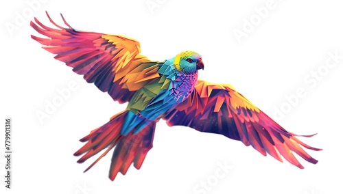 A colorful bird with vibrant feathers, soaring through the sky in a low poly style © NS