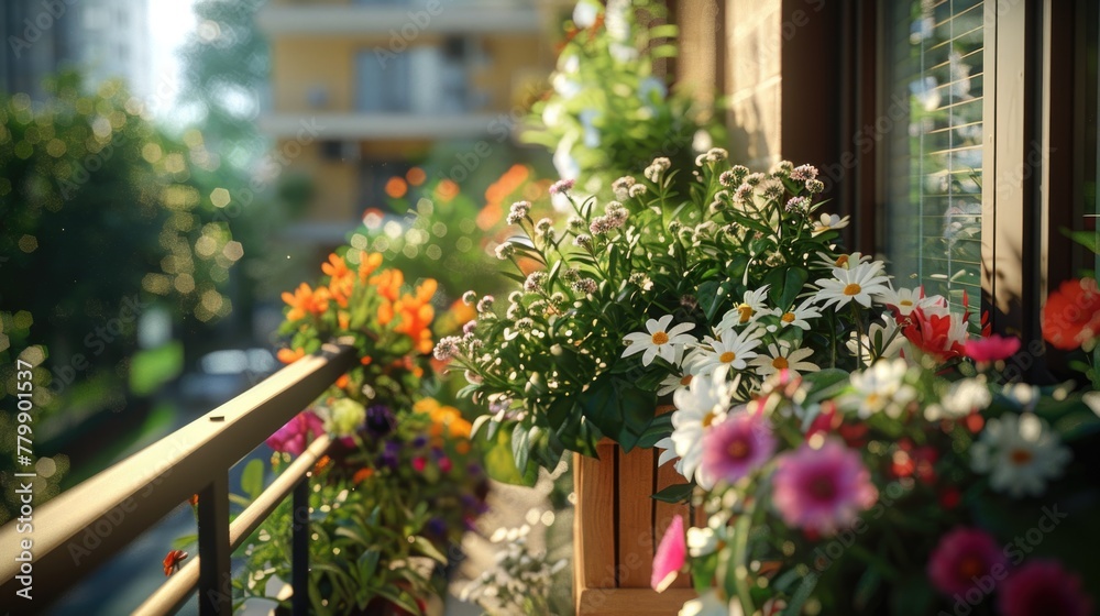 Serene Balcony Garden with Vibrant Flowers at Sunset