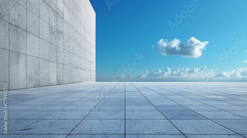 A large white floor with a blue sky in the background, AI