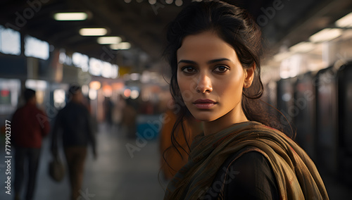 Young, beautiful Indian woman standing in the middle of train station
