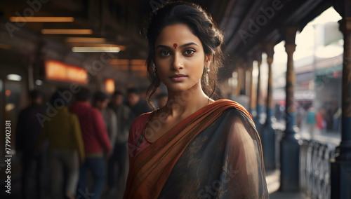 Young, beautiful Indian woman standing in the middle of train station