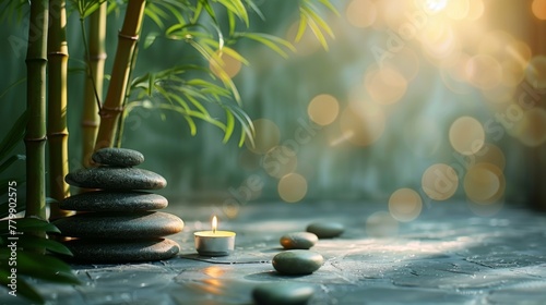 Photo of modern style  closeup view  Zen stones and bamboo on the table with light green background  candlelight in corner  spa concept  copy space for text