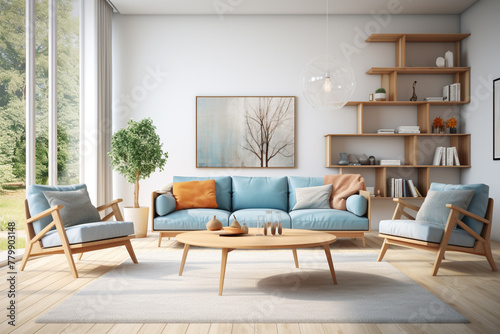 A realistic, HD-captured image of a beautiful sleek modern living room in Scandinavian style, featuring bright colors and clean lines.