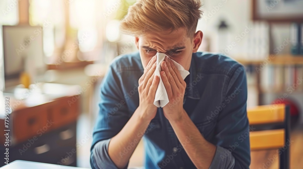 A man blowing his nose with a tissue in front of him, AI A man blowing his nose with a tissue in front of him, AI